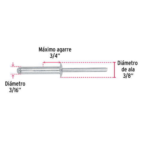 Bolsa con 50 remaches 3/16' x 3/4' de aluminio, ala 3/8' | R-612B | 44536