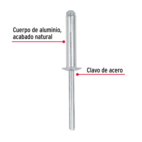 Bolsa con 50 remaches 3/16' x 3/4' de aluminio, ala 3/8' | R-612B | 44536
