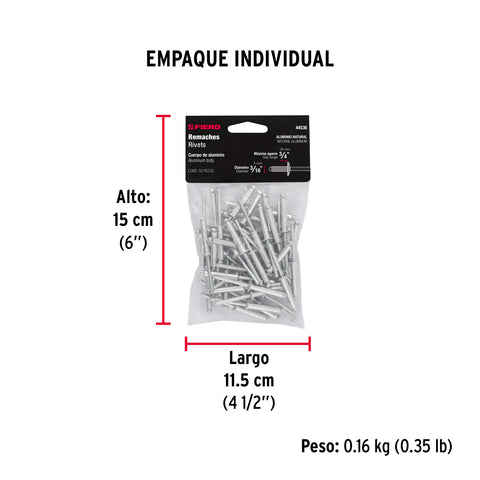 Bolsa con 50 remaches 3/16' x 3/4' de aluminio, ala 3/8' | R-612B | 44536