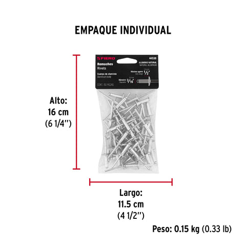 Bolsa con 50 remaches 3/16' x 1/2' de aluminio, ala 17/32' | R-68LF-B | 44538