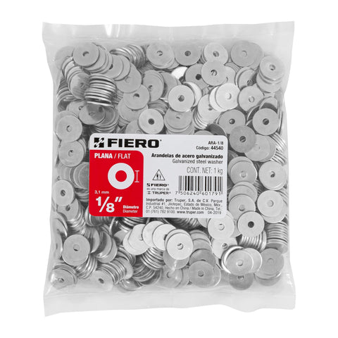 Bolsa de 1 kilo arandelas planas galvanizadas 1/8', FIERO | ARA-1/8 | 44540
