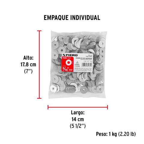 Bolsa de 1 kilo arandelas planas galvanizadas 3/16', FIERO | ARA-3/16 | 44542