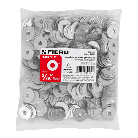 Bolsa de 1 kilo arandelas planas galvanizadas 3/16', FIERO | ARA-3/16 | 44542