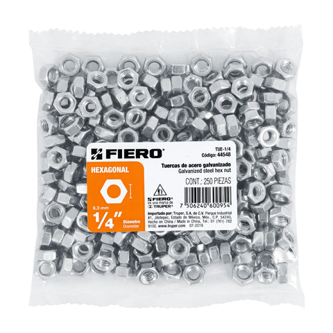 Bolsa con 250 tuercas 1/4' hexagonales de acero galvanizado | TUE-1/4 | 44548
