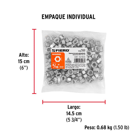 Bolsa con 150 tuercas 5/16' hexagonales de acero galvanizado | TUE-5/16 | 44549