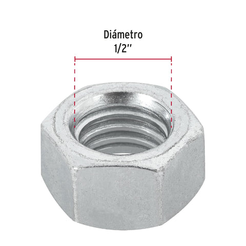 Bolsa con 50 tuercas 1/2' hexagonales de acero galvanizado | TUE-1/2 | 44552