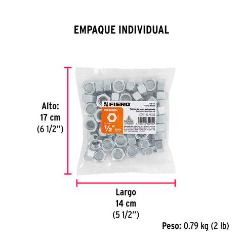 Bolsa con 50 tuercas 1/2' hexagonales de acero galvanizado | TUE-1/2 | 44552