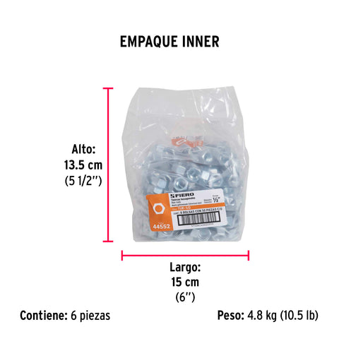 Bolsa con 50 tuercas 1/2' hexagonales de acero galvanizado | TUE-1/2 | 44552