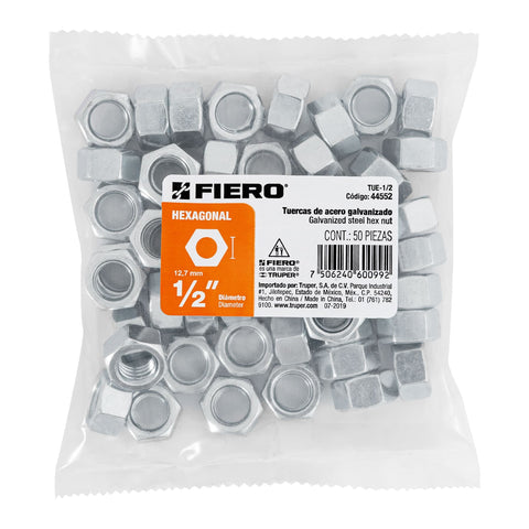 Bolsa con 50 tuercas 1/2' hexagonales de acero galvanizado | TUE-1/2 | 44552