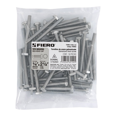 Bolsa con 50 tornillos 1/4' x 2-1/2' tipo máquina, FIERO | TORM-1/4X2-1/2 | 44562