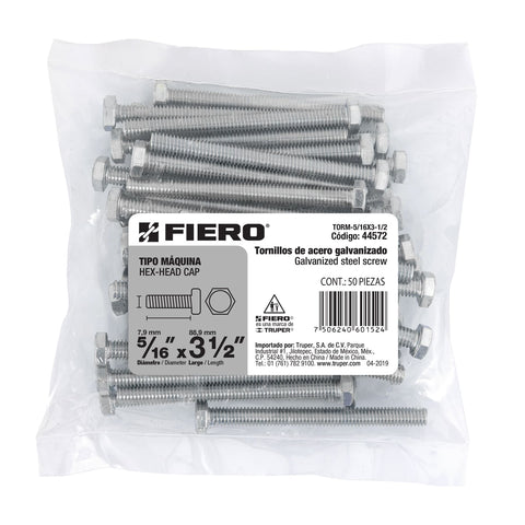 Bolsa con 50 tornillos 5/16' x 3-1/2' tipo máquina, FIERO | TORM-5/16X3-1/2 | 44572