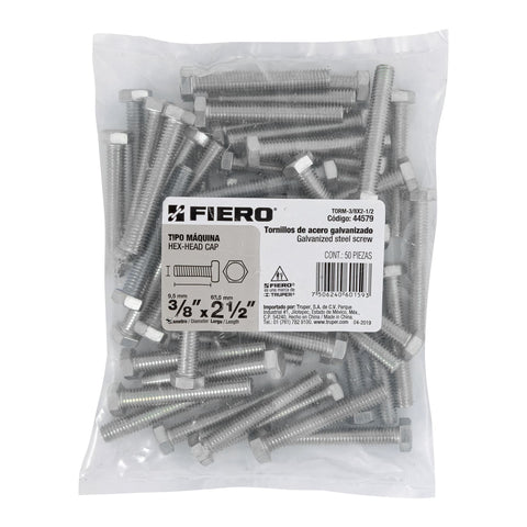 Bolsa con 50 tornillos 3/8' x 2-1/2' tipo máquina, FIERO | TORM-3/8X2-1/2 | 44579