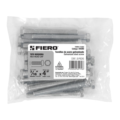 Bolsa con 20 tornillos 7/16' x 4' tipo máquina, FIERO | TORM-7/16X4 | 44590