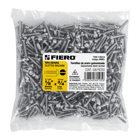 Bolsa con 500 tornillos 1/8' x 3/4' tipo estufa, FIERO | TORE-1/8X3/4 | 44601