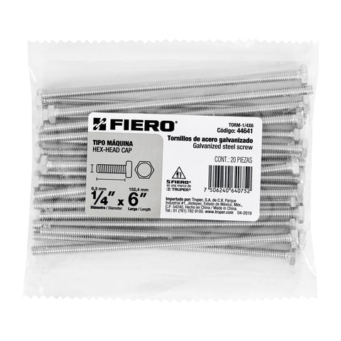 Bolsa con 20 tornillos 1/4' x 6' tipo máquina, FIERO | TORM-1/4X6 | 44641