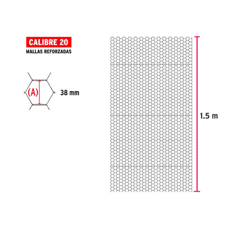 Rollo malla hexagonal cal.20, 1.5x 45m, abertura 38mm, 19kg | MAHE-3815 | 44660