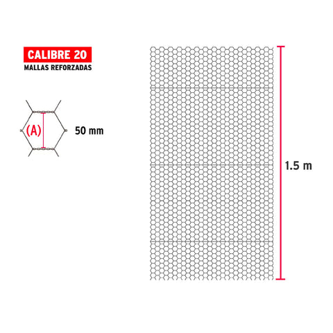 Rollo malla hexagonal cal.20, 1.5x 45m, abertura 50mm, 15kg | MAHE-5015 | 44662