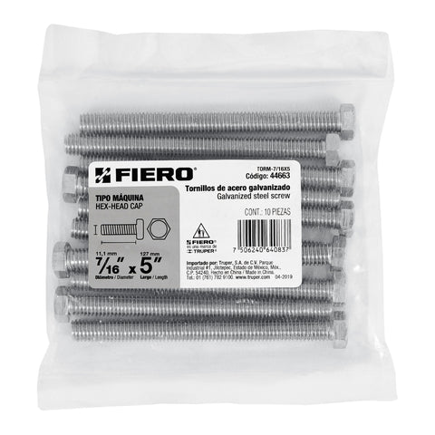 Bolsa con 10 tornillos 7/16' x 5' tipo máquina, FIERO | TORM-7/16X5 | 44663