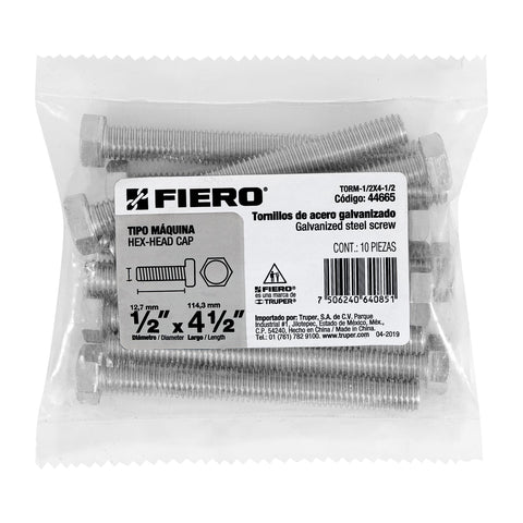Bolsa con 10 tornillos 1/2' x 4-1/2' tipo máquina, FIERO | TORM-1/2X4-1/2 | 44665
