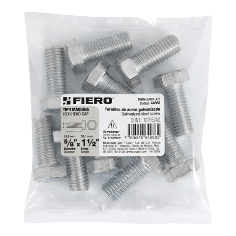Bolsa con 10 tornillos 5/8' x 1-1/2' tipo máquina, FIERO | TORM-5/8X1-1/2 | 44668