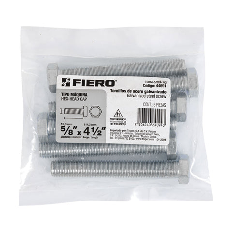 Bolsa con 6 tornillos 5/8' x 4-1/2' tipo máquina, FIERO | TORM-5/8X4-1/2 | 44691