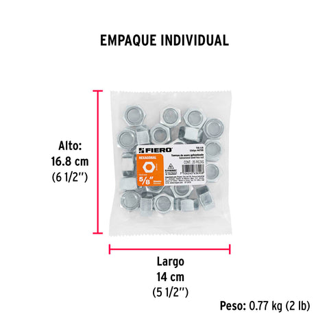 Bolsa con 25 tuercas 5/8' hexagonales de acero galvanizado | TUE-5/8 | 44700