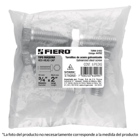 Bolsa con 4 tornillos 3/4' x 3' tipo máquina, FIERO | TORM-3/4X3 | 44704