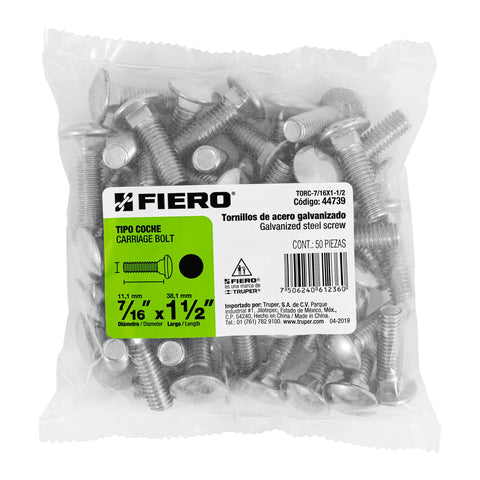 Bolsa con 50 tornillos 7/16' x 1-1/2' tipo coche, FIERO | TORC-7/16X1-1/2 | 44739