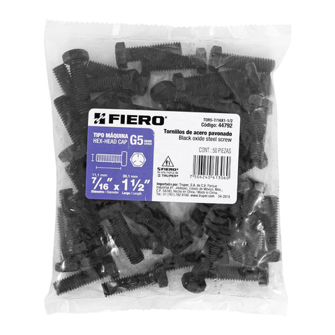 Bolsa con 50 tornillos 7/16' x 1-1/2' acero grado 5, FIERO | TOR5-7/16X1-1/2 | 44792