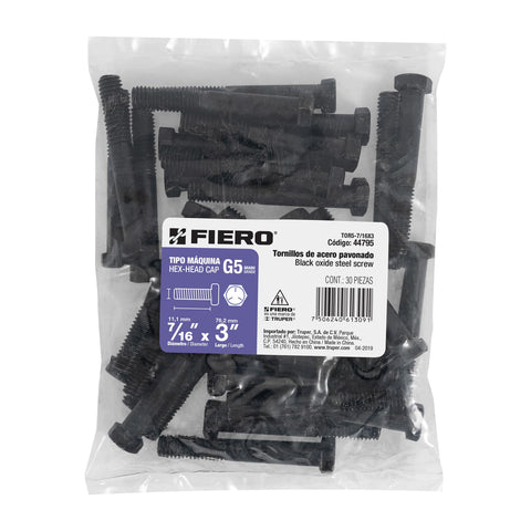 Bolsa con 30 tornillos 7/16' x 3' acero grado 5, FIERO | TOR5-7/16X3 | 44795
