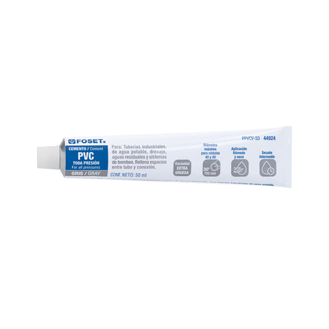 Cemento p/PVC, gris, máxima viscosidad, tubo 50ml, FOSET | PPVCV-50 | 44924