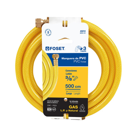 Manguera para gas, PVC amarilla, 3/8' flare,5 m, FOSET | MGA-50 | 45014