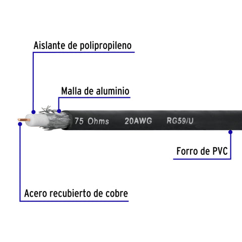 Metro de cable coaxial RG59 en carrete de 305 m, Volteck | CABCO-59300 | 45028