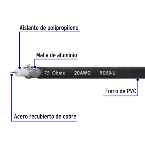 Metro de cable coaxial RG59 en carrete de 500 m, Volteck | CABCO-59500 | 45029