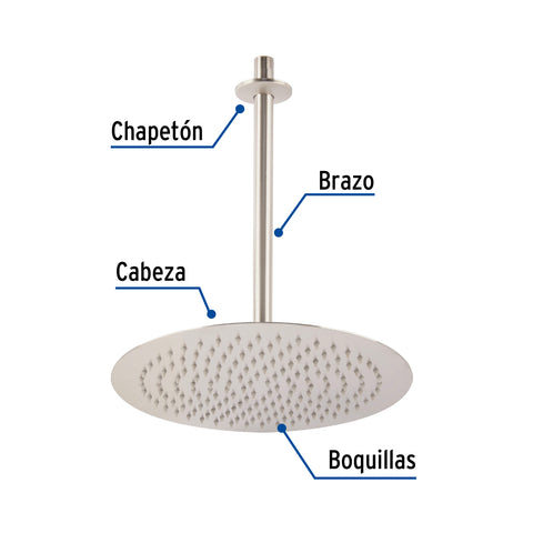 Regadera plato redondo 12' con brazo, satín, FOSET RIVIERA | R-313N | 45080