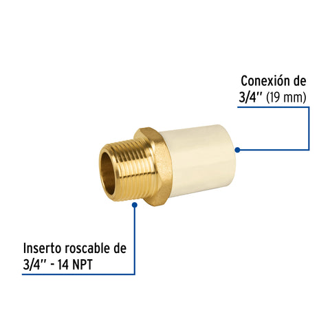 Adaptador macho de CPVC 3/4' con inserto de latón, FOSET | CPVC-652 | 45105