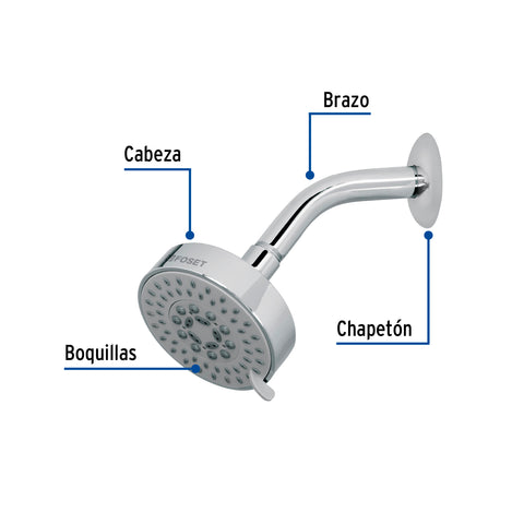 Regadera cromo 4'con 5 funciones, con brazo, FOSET ELEMENT | R-202 | 45167