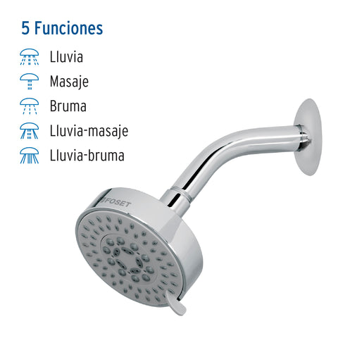 Regadera cromo 4'con 5 funciones, con brazo, FOSET ELEMENT | R-202 | 45167