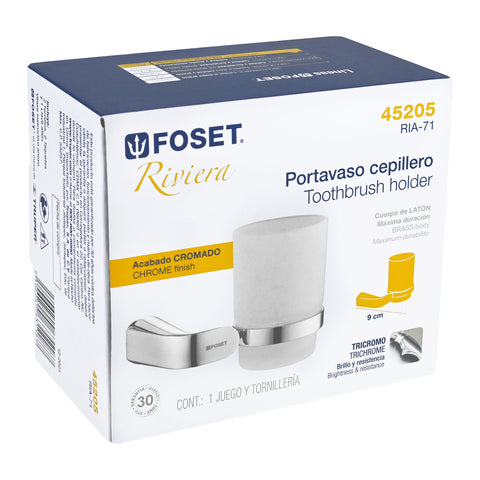 Portavaso cepillero cromo con vaso de vidrio, FOSET RIVIERA | RIA-71 | 45205