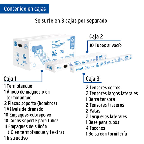 Calentador solar de agua 10 tubos, 120L, 3 personas, FOSET | CALE-10S | 45270