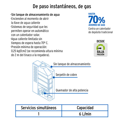Calentador instantáneo, 6L, 1 servicio, gas LP, FOSET | CALE-6I | 45271