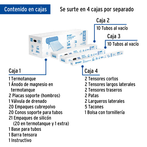 Calentador solar de agua, 20 tubos, 240L, 7 personas, FOSET | CALE-20S | 45273