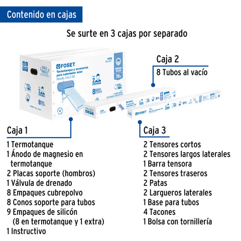 Calentador solar de agua, 8 tubos, 94L, 2 personas, FOSET | CALE-8S | 45274