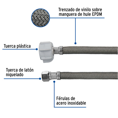 Manguera p/WC, vinilo gris, 3/8'x7/8' , 40cm, plástico/latón | FWC-P40VL | 45504
