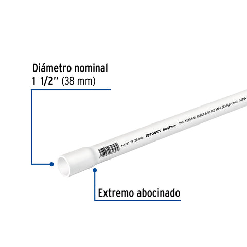 Tubo de 1-1/2' PVC hidráulico cédula 40, 3m, 2.3kg, FOSET | PVC-005 | 45521