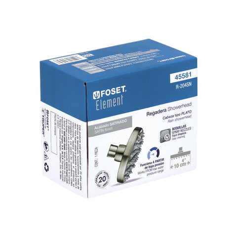 Regadera satín 4' plato redondo, sin brazo, FOSET ELEMENT | R-204SN | 45581