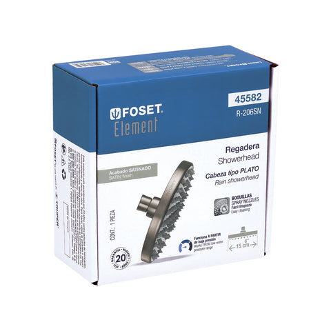 Regadera satín 6' plato redondo, sin brazo, FOSET ELEMENT | R-206SN | 45582