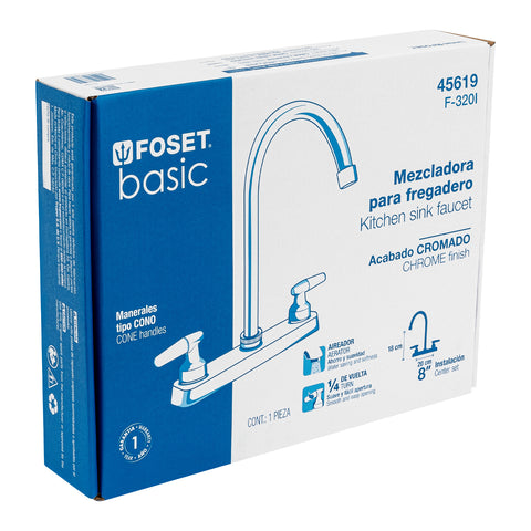 Mezcladora 8' fregadero cromo, cuello curvo, cono, BASIC | F-320I | 45619