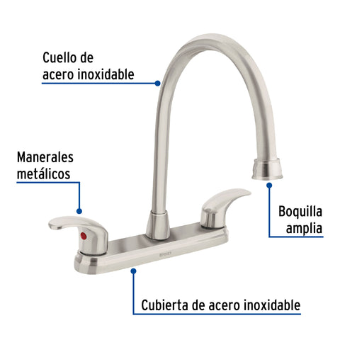 Mezcladora fregadero 8' satín, cuello largo, palanca, AQUA | AQF-82N | 45624