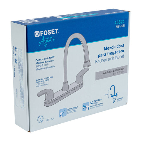 Mezcladora fregadero 8' satín, cuello largo, palanca, AQUA | AQF-82N | 45624